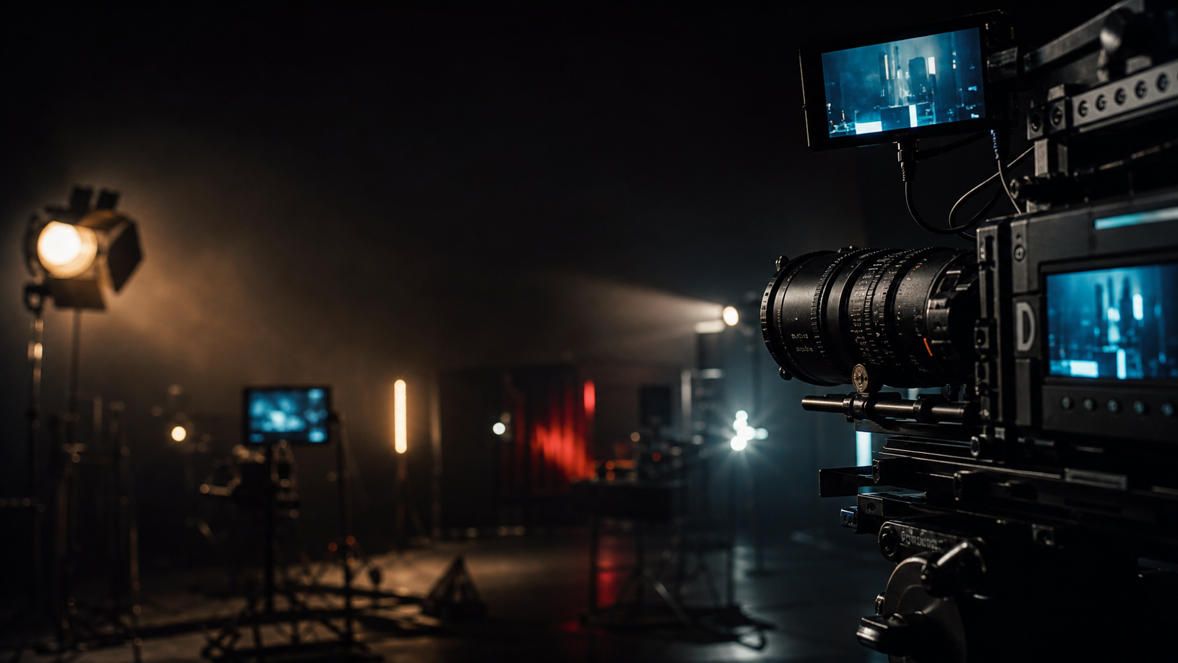 Cinematic film production set atmosphere.